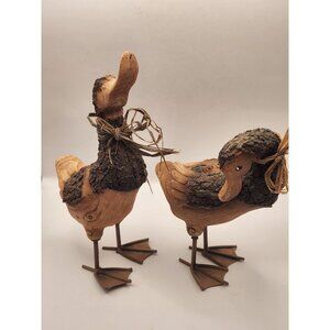Rustic Style 2 resin Ducks Handcrafted Decor With Bark Like Texture Metal Feet